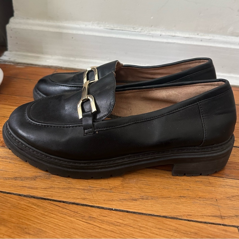 Black Faux Leather Loafers with Gold Detail